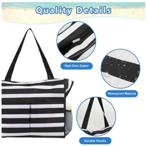 Large striped beach bag with zipper, waterproof material and durable handles for summer.