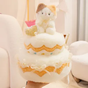 Joli jouet en peluche gâteau chat à double couche doux animal en peluche cadeau d'anniversaire fille