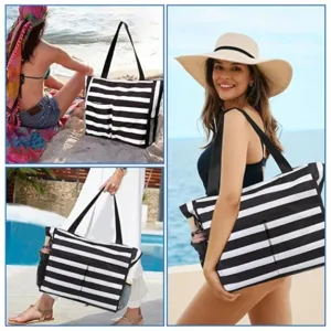 Details of the black and white striped beach tote bag, showing large capacity and multi pockets.