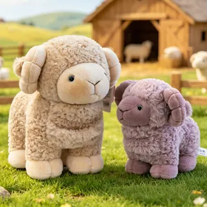 Detailed view of soft fluffy cute lamb plush toy with curled horns in farm setting.