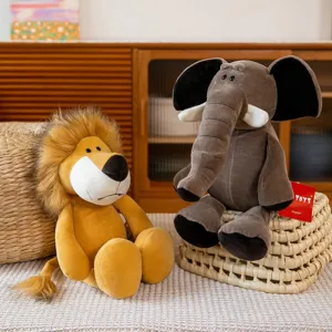 Cute jungle animal plush toys set, soft lion and elephant stuffed dolls for home decor.