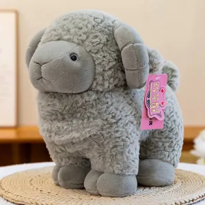 Cute fluffy grey ram plush toy, soft stuffed animal sheep doll for kids hugging and sleeping gift.