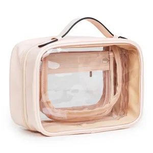 Large capacity travel cosmetic bag with clear window, pink leather portable makeup pouch.