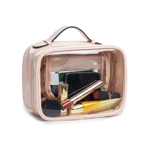 Pink clear cosmetic bag with handle, large capacity waterproof travel makeup organizer.