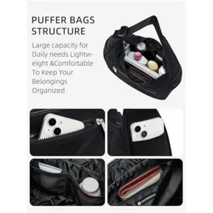 Black quilted nylon puffer shoulder bag with large capacity and multi pockets for daily use.
