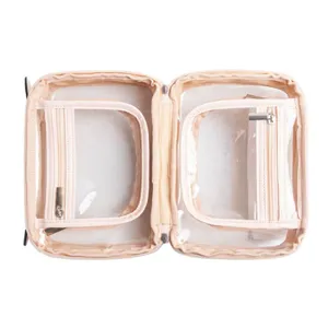 Clear travel cosmetic bag with compartments, waterproof transparent makeup organizer for women.