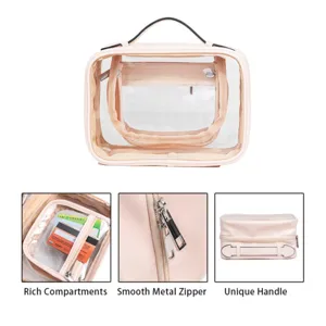Large transparent travel cosmetic bag with double compartments, waterproof leather toiletry pouch.