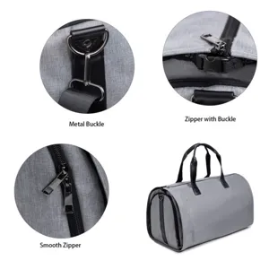 Multifunctional travel duffel bag with garment compartment, stylish gray design for men.