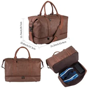 Vintage brown travel duffel bag with separate shoe compartment waterproof overnight gym weekender