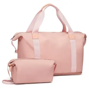 Rosa 2-teiliges Reise-Dufflebag-Set mit Kosmetiktasche für Wochenendtrips Detailansicht