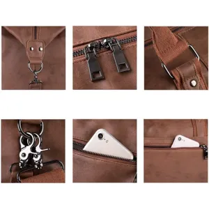 Detailed view of brown PU leather travel duffel bag featuring sturdy zippers and pockets.