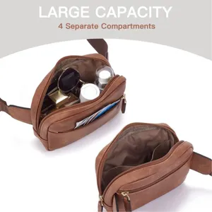 Detailansicht der braunen PU-Leder-Bauchtasche mit mehreren Fächern und stabilen Reißverschlüssen.