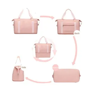 Rosa große Reise-Duffle-Bag Mehrwinkel-Detailansicht für Wochenendausflüge und Übernachtungen.
