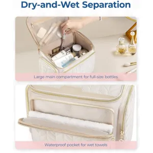 Quilted travel cosmetic bag with dry wet separation large capacity waterproof makeup organizer