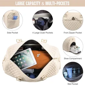 Detailed view of large capacity quilted duffel bag with multi pockets and shoe compartment.