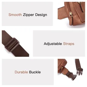 Damen braune PU Leder Gürteltasche Detailbild mit glattem Reißverschluss, verstellbarem Gurt.