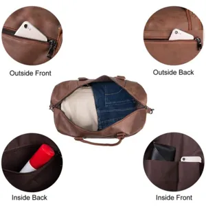 Detail view of brown travel duffel bag, large capacity, multiple pockets for overnight trips.