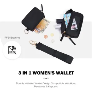 Women's 3 in 1 wristlet wallet with RFID blocking, double zipper nylon coin purse and card holder.
