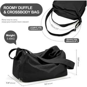 Black large capacity travel duffel bag with adjustable crossbody strap and lightweight design.