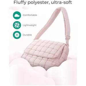 Pink quilted puffer shoulder bag detail, soft fluffy polyester material, casual crossbody.