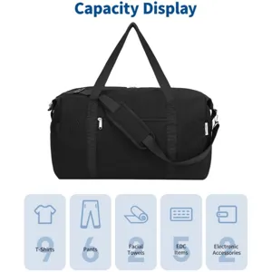 Large capacity black travel duffel bag with multiple pockets for sports fitness and business trips.