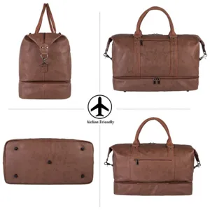 Detailed view of large brown travel duffel bag, multi-functional overnight bag with bottom compartment.