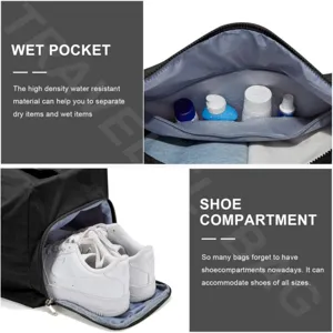 Detailed view of gym travel bag featuring a wet pocket and separate shoe compartment.