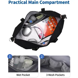 Large capacity gym duffel bag with practical main compartment and multiple mesh pockets.