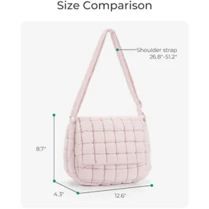 Pink quilted shoulder bag detail view with exact dimensions and adjustable strap size.