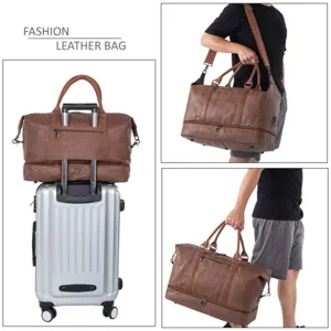 Large brown leather travel duffel bag with trolley sleeve and shoe compartment for weekend.
