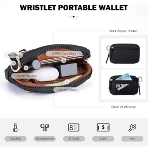 Detail view of black nylon wristlet wallet showing internal RFID card slots and zipper pocket.