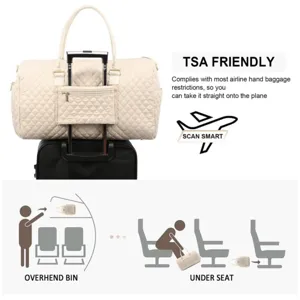 Beige quilted travel duffel bag with trolley sleeve, airline approved carry-on luggage.