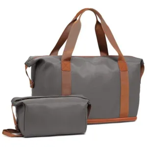 Große Reise-Wochenendtasche Set mit Kosmetiktasche, wasserdichtes graues Gewebe mit braunen.
