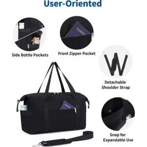 Black large capacity travel duffel bag gym bag with multiple pockets and shoulder strap