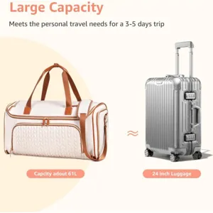 Large capacity travel duffel bag detail showcasing 61L space and durable brown leather straps.