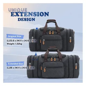 Expandable canvas travel duffel bag with large capacity, durable shoulder strap and handles.