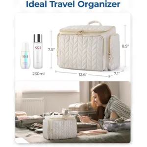 Quilted travel cosmetic bag with multiple compartments, waterproof makeup organizer for women travel.