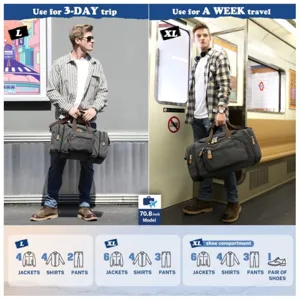 Large capacity canvas travel duffel bag with shoe compartment for weekend trips and outdoor.