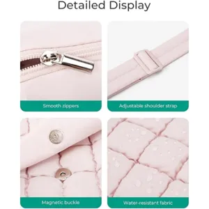 Quilted bag close-up: smooth zipper, adjustable strap, magnetic buckle, and waterproof fabric.