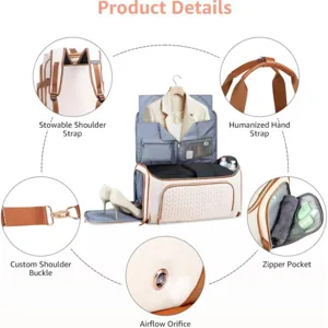 Multifunctional travel garment bag with stowable shoulder straps, airflow orifice and shoe pouch.
