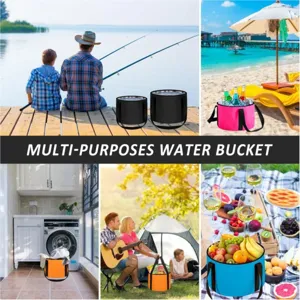 Portable folding water bucket lifestyle detail showing multi-scene use for camping and travel.