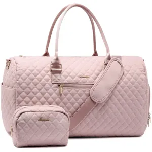 Pink quilted travel duffel bag with matching pouch, gold hardware and shoulder strap details.