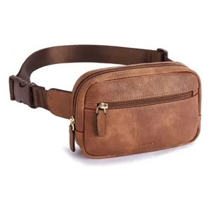 Damen braune PU Leder Gürteltasche mit verstellbarem Gurt und Reißverschlusstaschen.