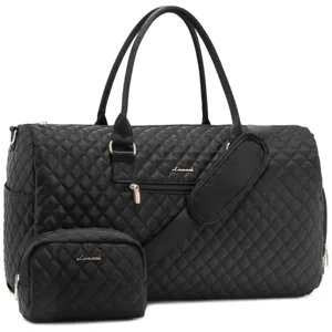 Black quilted travel duffel bag set with cosmetic bag, large capacity gym weekender.