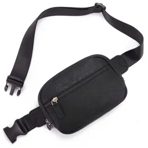 Schwarze PU Leder Gürteltasche mit verstellbarem Gurt und Fronttasche für Damen.