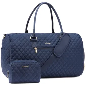Quilted navy blue travel duffel bag set with matching cosmetic pouch, spacious design for gym and trips.
