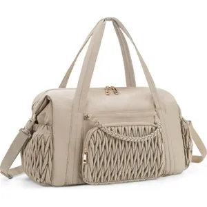 Beige Reisetasche mit großer Kapazität, Sporttasche im Plissee-Design mit geflochtenem Griff