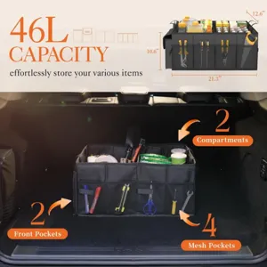 Grande organizzatore per bagagliaio auto 46L con scomparti multipli e tasche a rete.