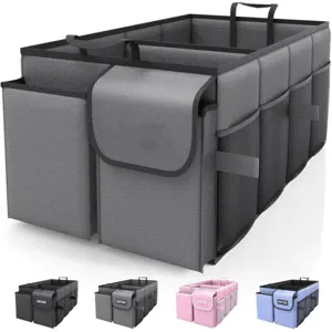 Vista dettagliata dell'organizer per bagagliaio auto pieghevole con scomparti multipli.
