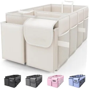 Organizzatore per bagagliaio auto pieghevole con scomparti multipli e tasche in rete.